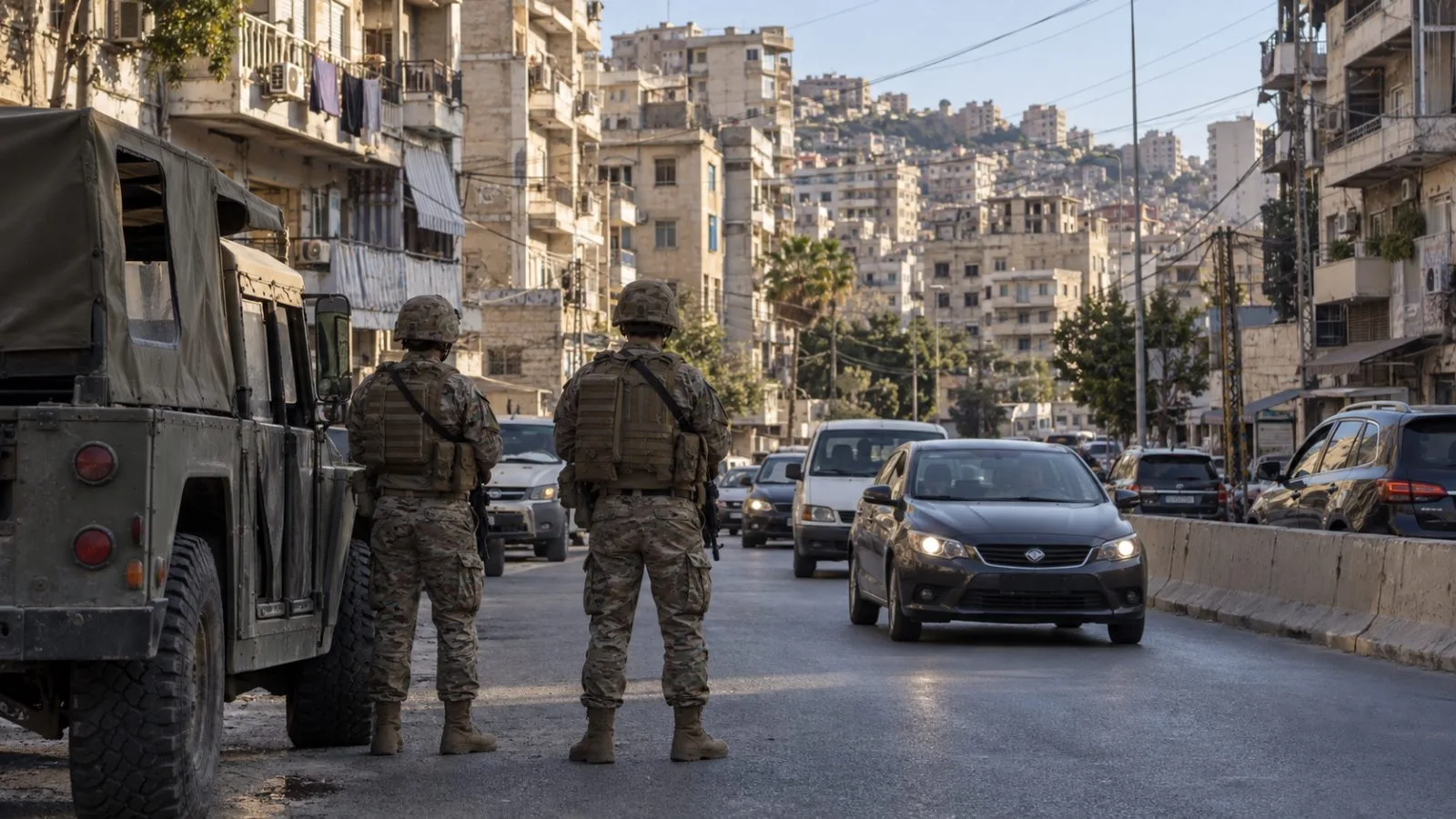 Uniformed soldiers watch traffic at a temporary checkpoint in Beirut's southern suburbs. (AI-generated image / EconoTimes)