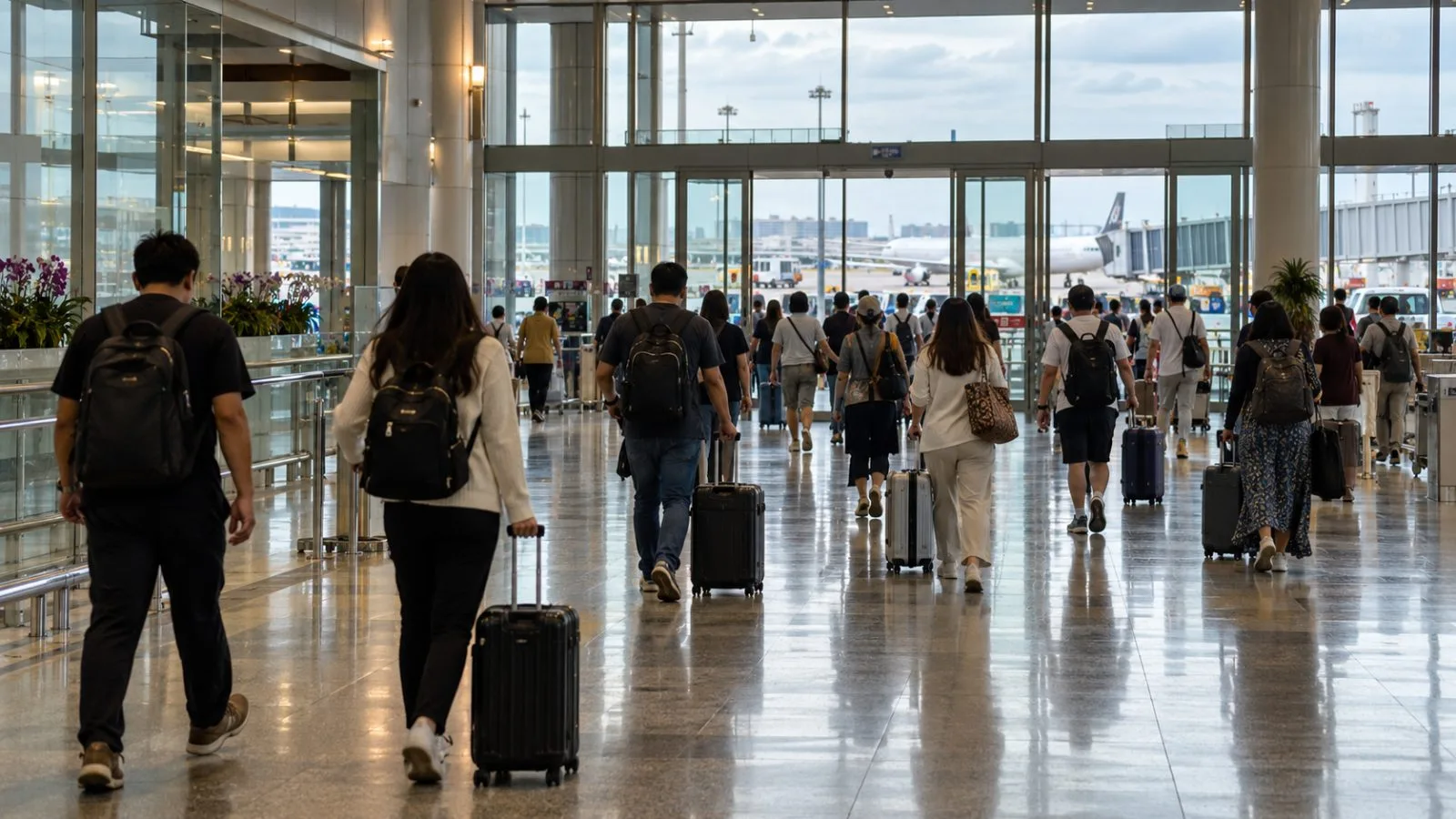 Travelers wheel suitcases through the arrivals concourse at Don Mueang Airport in Bangkok. (AI-generated image / EconoTimes)