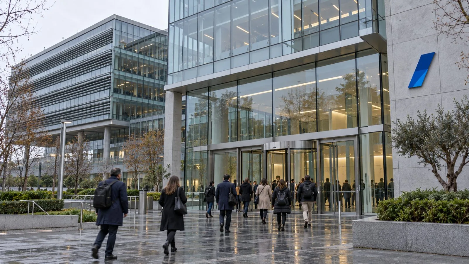 People enter the Ciudad BBVA headquarters in Madrid on an overcast morning. / EconoTimes.ai