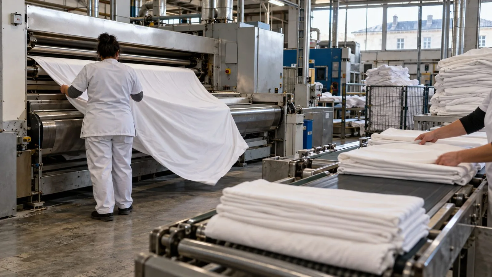 Linens move along an industrial finishing line at a laundry in Bordeaux, France. (AI-generated image / EconoTimes)