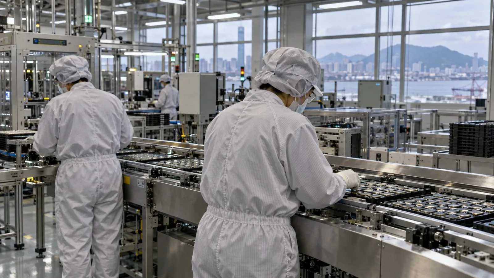 Workers inspect packaged semiconductor chips on a production line in Kaohsiung, Taiwan. (AI-generated image / EconoTimes)
