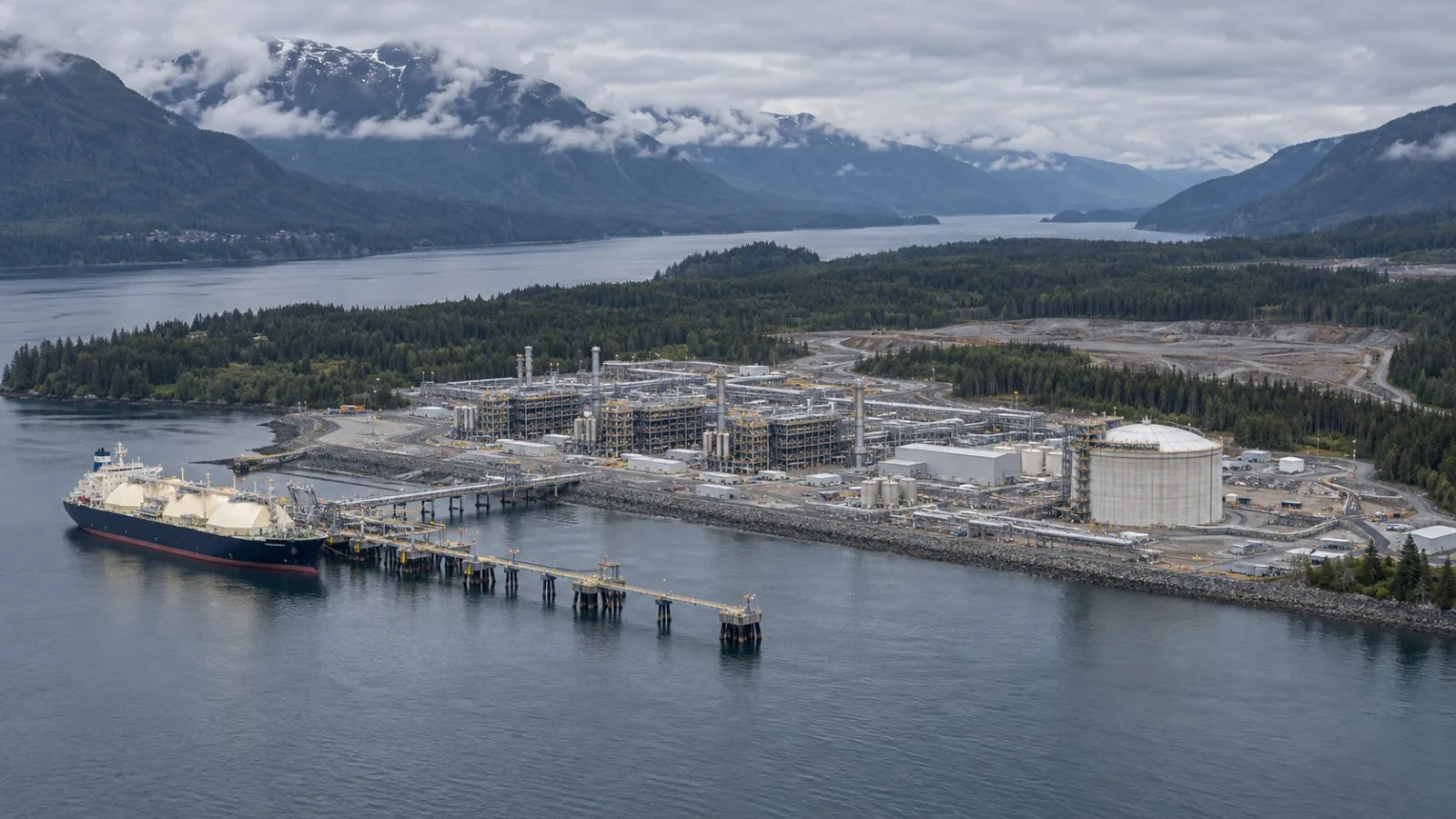 LNG Canada’s export terminal stands beside the Douglas Channel in Kitimat, British Columbia. / EconoTimes.ai