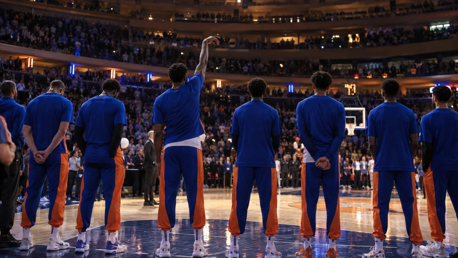 Players line the sideline during an anthem ceremony at Madison Square Garden in New York City. (AI-generated image / EconoTimes)