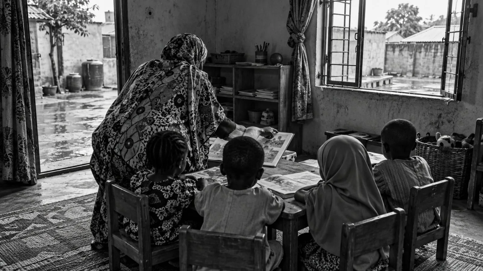 Children gather around low tables in a community nursery in Kano, Nigeria. (AI-generated image / EconoTimes)