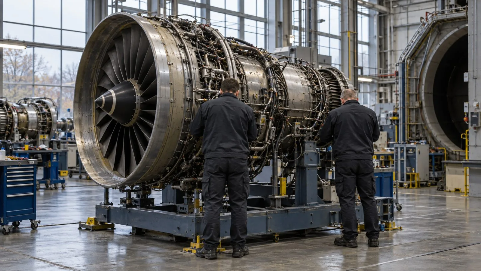 Technicians inspect a turbofan engine inside an aircraft-engine facility in Derby, England. (AI-generated image / EconoTimes)