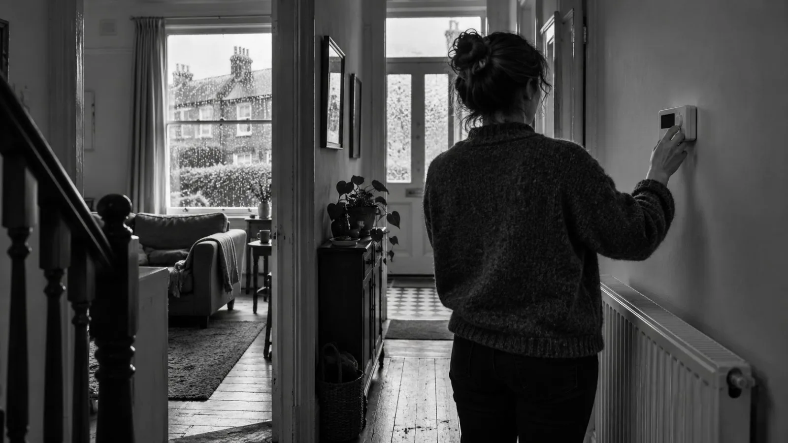 An anonymous resident checks a thermostat inside a rented home in Winchester, England (AI-generated image / EconoTimes)