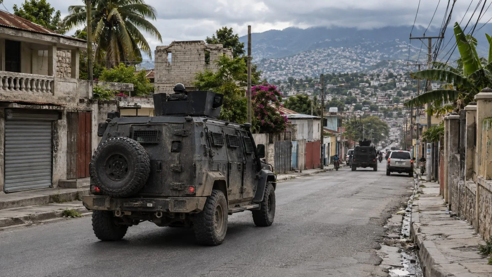 An armored vehicle passes shuttered buildings in Santo, near Port-au-Prince, Haiti. (AI-generated image / EconoTimes)