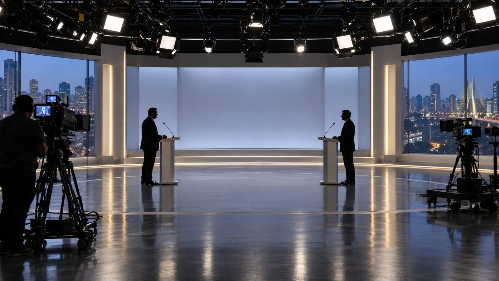 Debate lecterns stand on a brightly lit television studio stage in São Paulo, Brazil. (AI-generated image / EconoTimes)