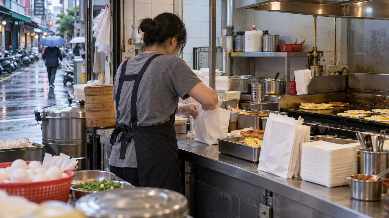 A worker prepares takeaway orders at a neighborhood breakfast shop in Taipei, Taiwan. (AI-generated image / EconoTimes)