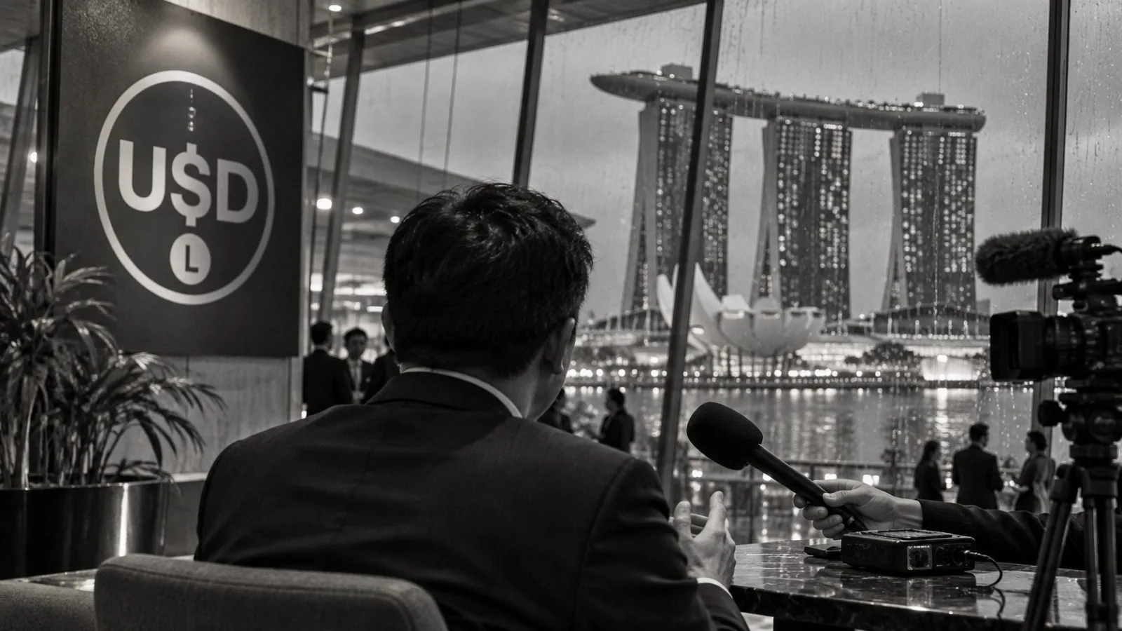 A podcast interview is recorded at Marina Bay Sands during a Singapore digital asset conference. / EconoTimes.ai