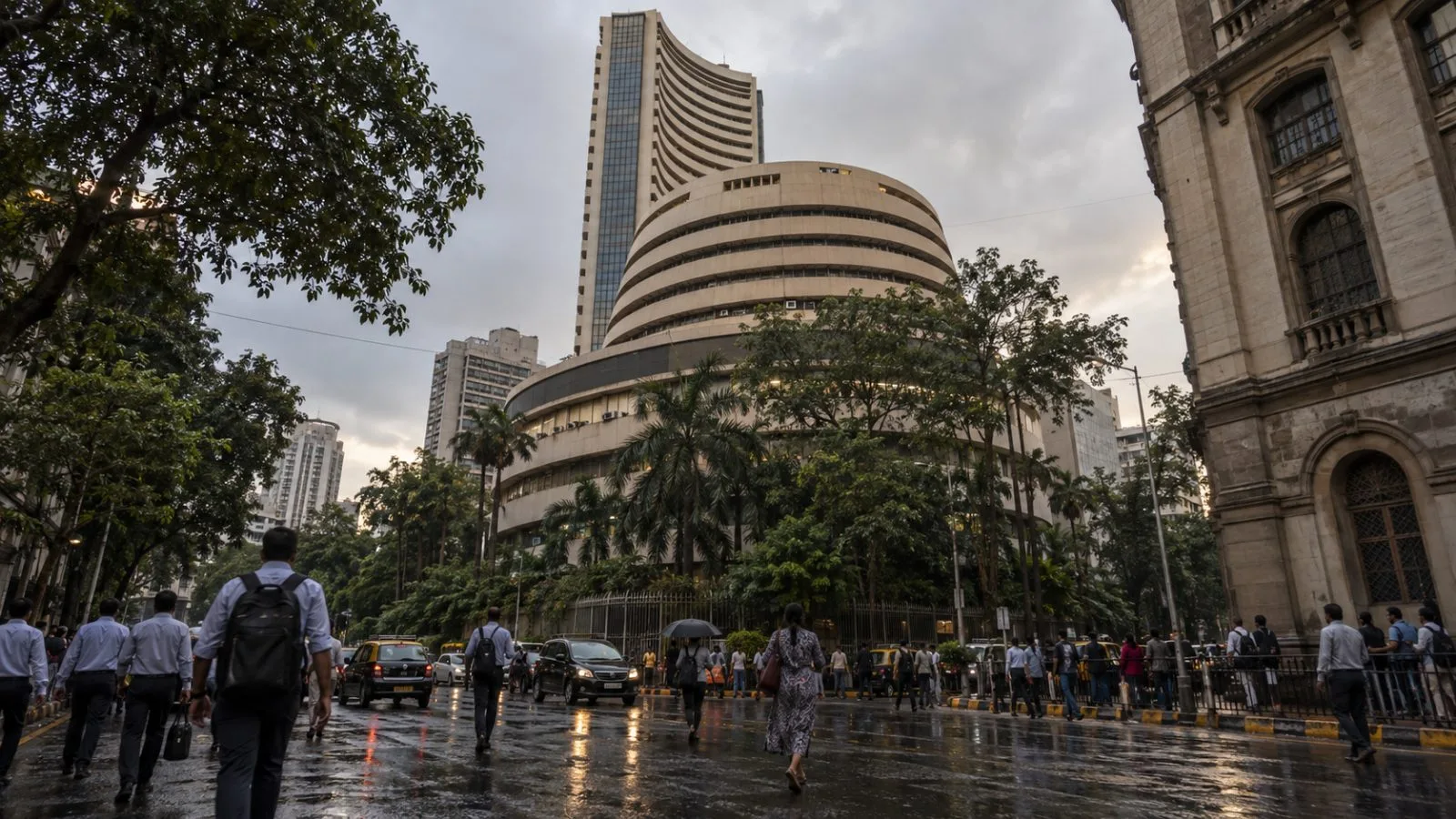 Commuters cross Dalal Street outside Mumbai’s Bombay Stock Exchange in India. (AI-generated image / EconoTimes)
