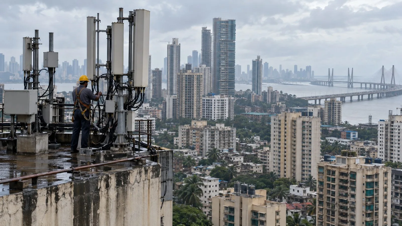 A technician checks rooftop cellular antennas above residential buildings in Worli, Mumbai, India. (AI-generated image / EconoTimes)