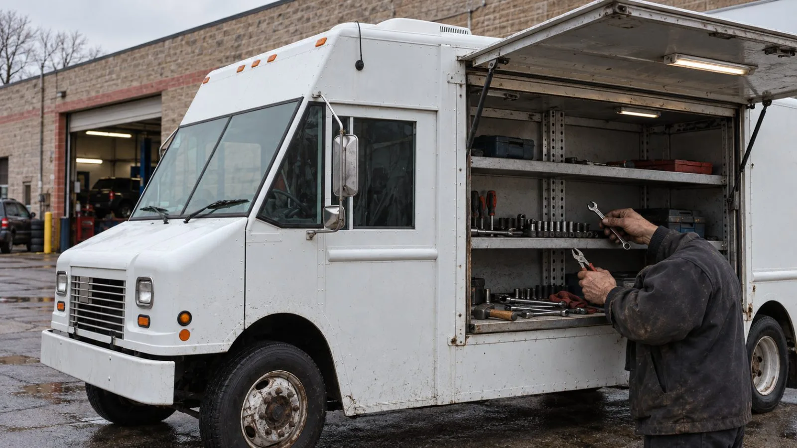 A mobile tool van stands outside an independent auto repair shop in Kenosha, Wisconsin. / EconoTimes.ai