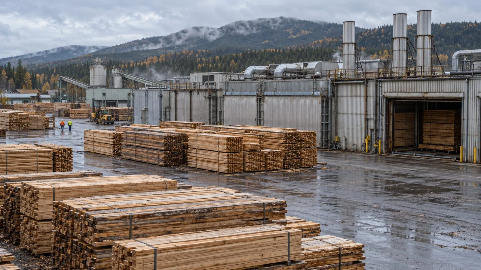 Lumber stacks sit beside the Conifex sawmill in Mackenzie, British Columbia. (AI-generated image / EconoTimes)