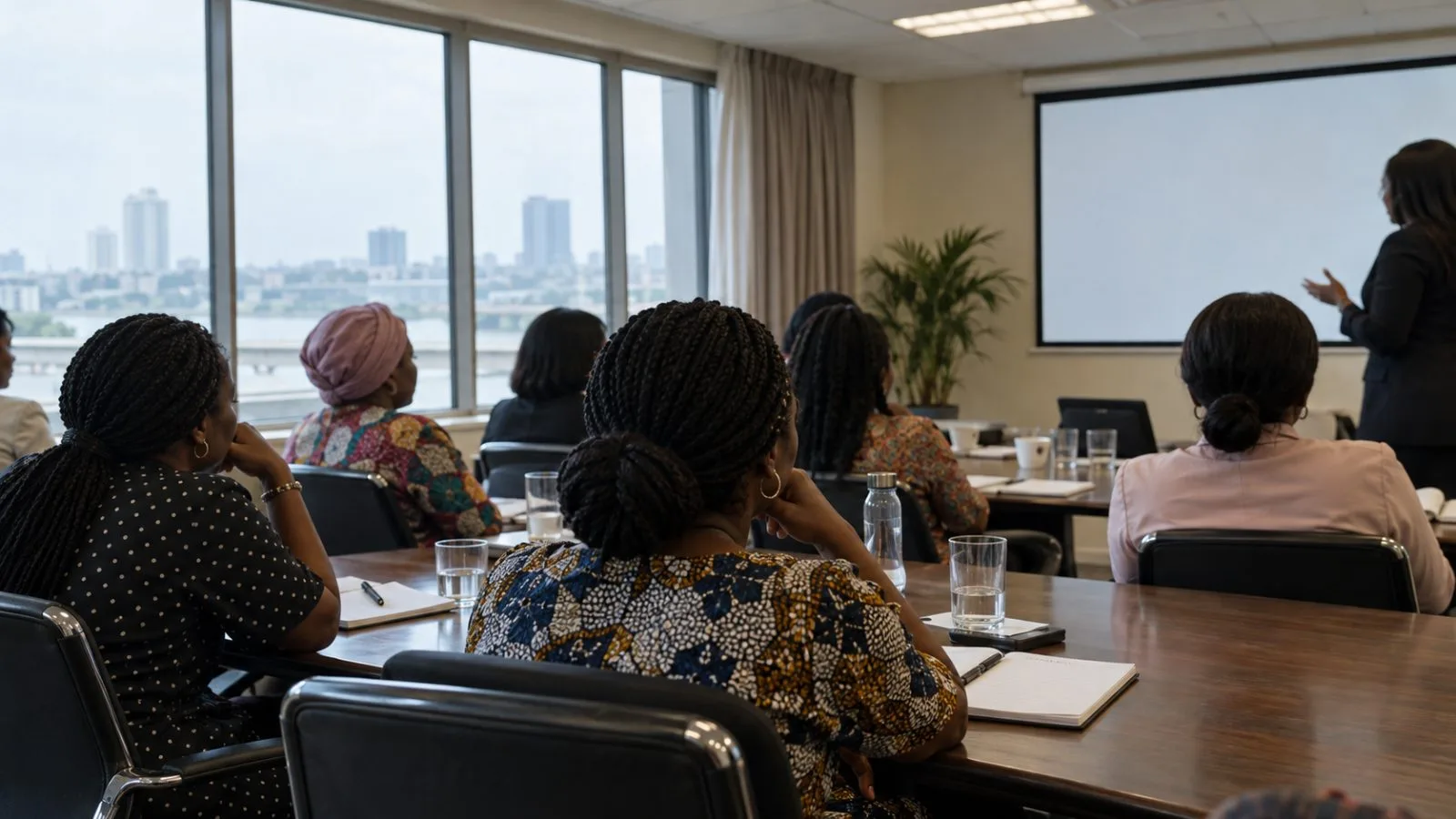 Women listen during a workplace health discussion at a conference venue in Lagos, Nigeria. (AI-generated image / EconoTimes)