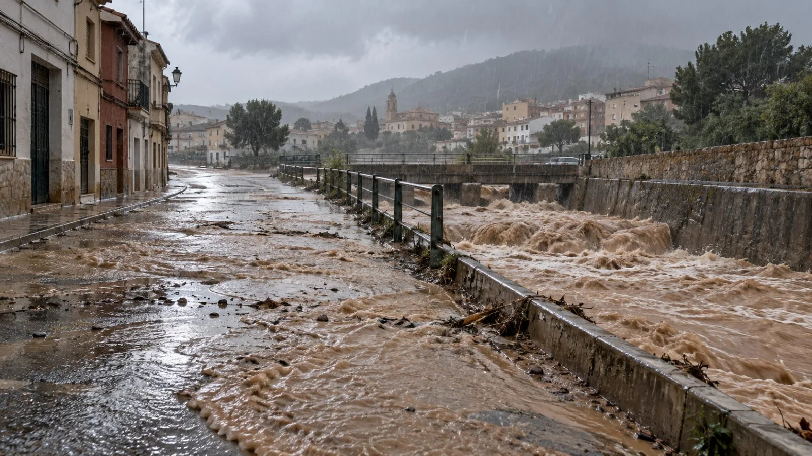 Floodwater runs along a street in Turís, Valencia, during heavy rain in eastern Spain. (AI-generated image / EconoTimes)