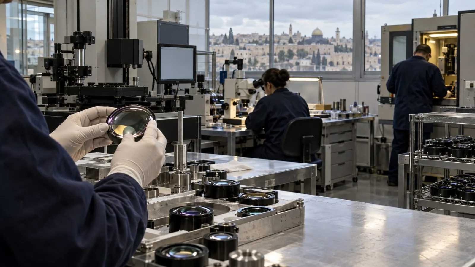 A worker inspects an optical lens at a manufacturing facility in Jerusalem, Israel. (AI-generated image / EconoTimes)
