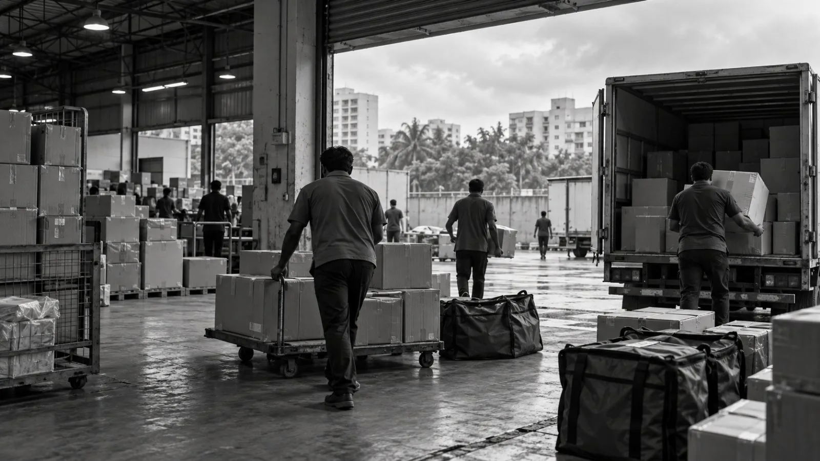 Workers sort parcels at a courier loading bay in Bengaluru, India. (AI-generated image / EconoTimes)
