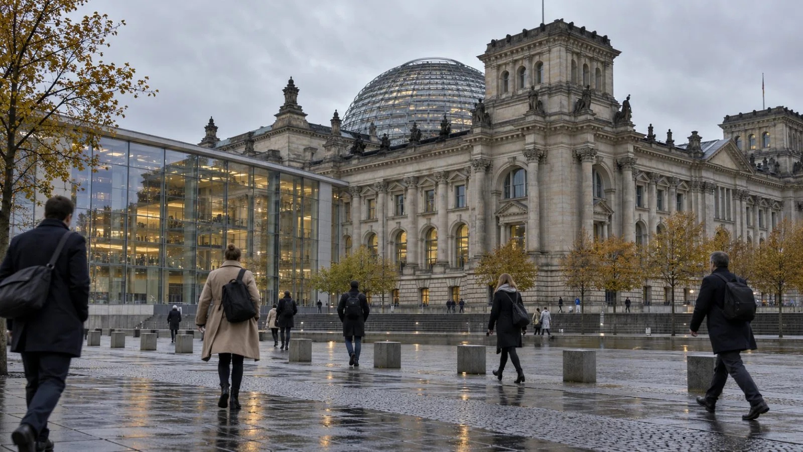 Commuters cross Platz der Republik beside the Reichstag in Berlin on an overcast morning. (AI-generated image / EconoTimes)