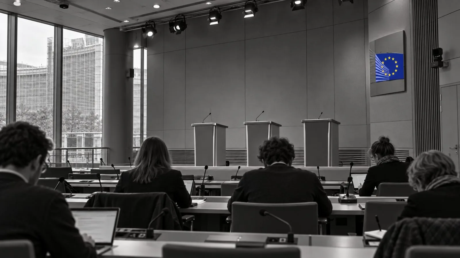 Reporters sit inside a European Commission briefing room in Brussels, Belgium. / EconoTimes.ai