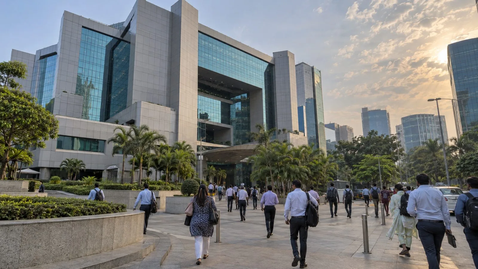Office workers cross the financial district near the National Stock Exchange in Mumbai, India. / EconoTimes.ai