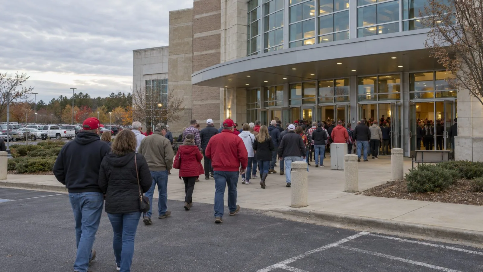 Attendees gather outside a campaign rally venue in Greenville, North Carolina. (AI-generated image / EconoTimes)
