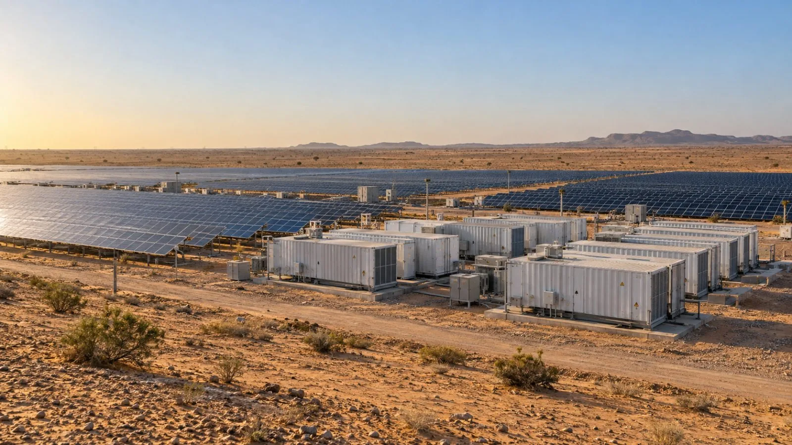 Battery storage containers stand beside a solar installation near Pokhran in Rajasthan, India (AI-generated image / EconoTimes)