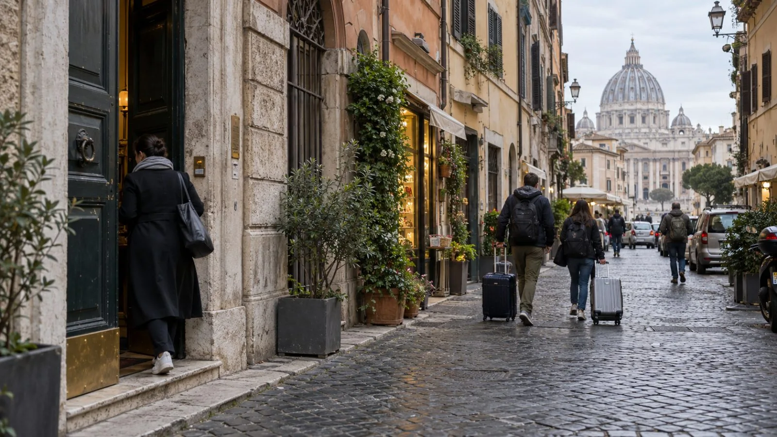 Visitors with suitcases pass apartment entrances and neighborhood shops in Rome’s historic center, Italy. (AI-generated image / EconoTimes)