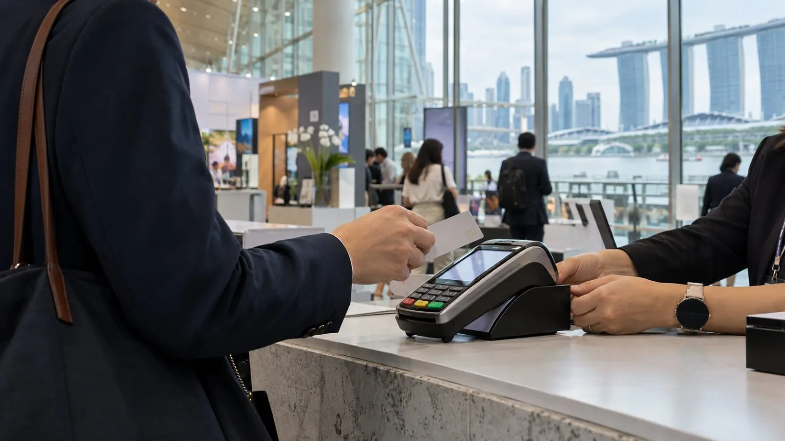 Travel industry delegates move through the Sands Expo & Convention Centre in Singapore. (AI-generated image / EconoTimes)