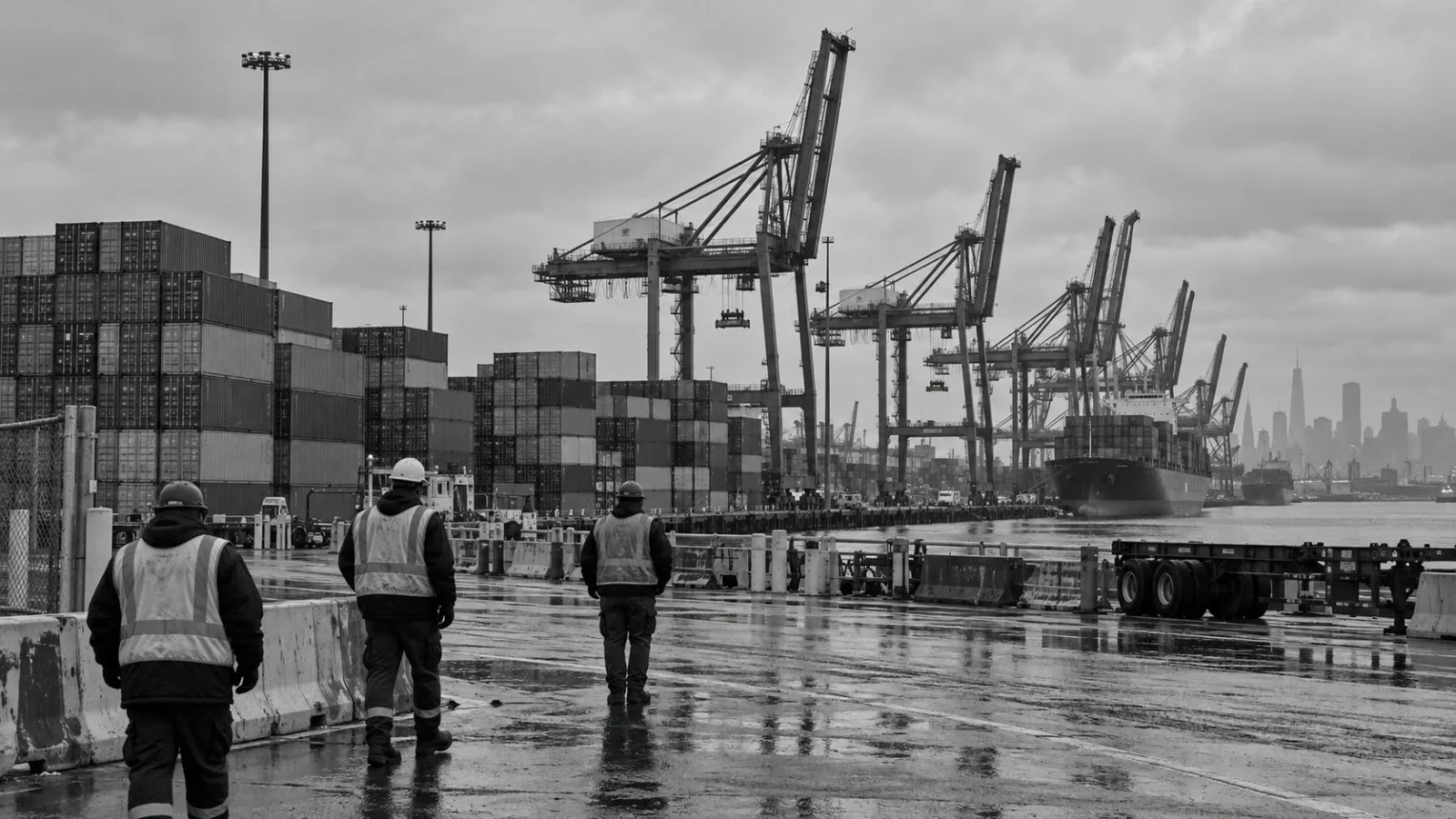 Idle container cranes stand over freight at Port Newark in New Jersey. (AI-generated image / EconoTimes)
