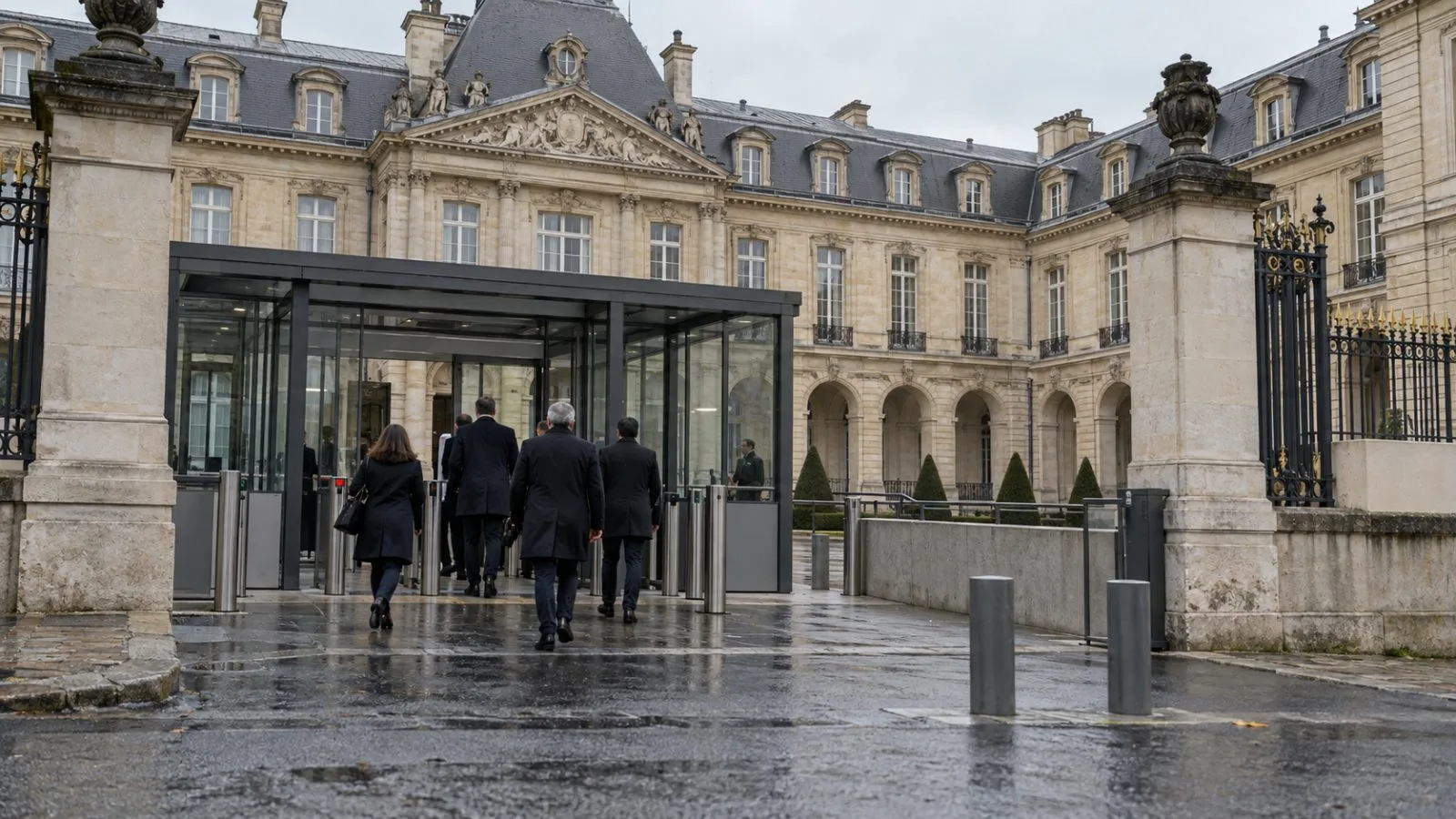 Anonymous officials approach a defense ministry entrance in Paris. (AI-generated image / EconoTimes)