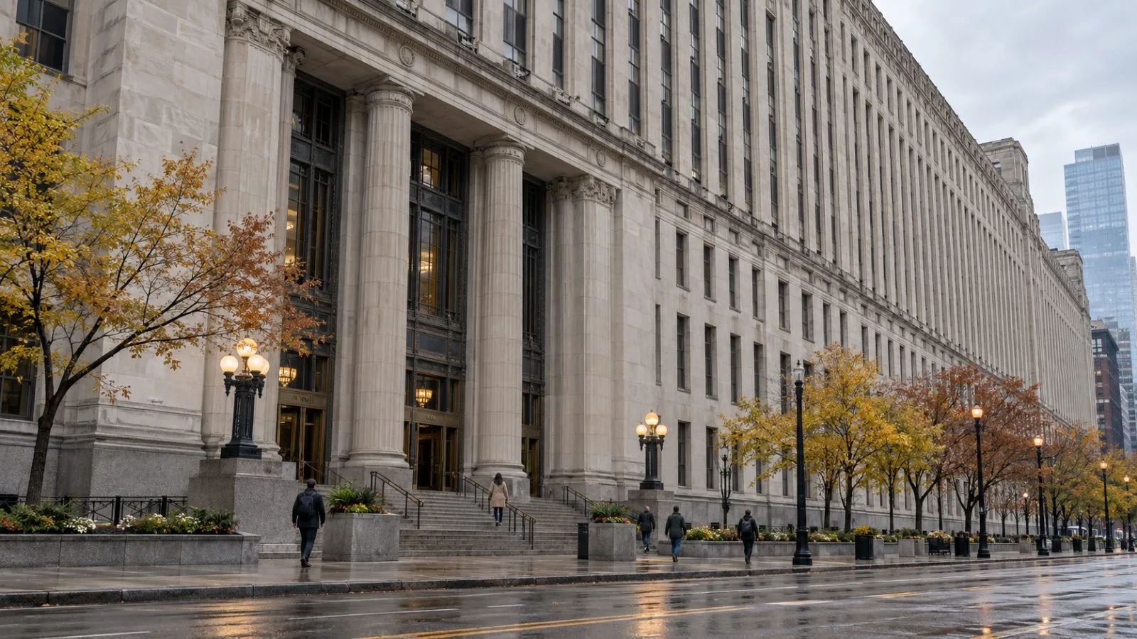 Pedestrians pass the Old Post Office on West Van Buren Street in Chicago. (AI-generated image / EconoTimes)