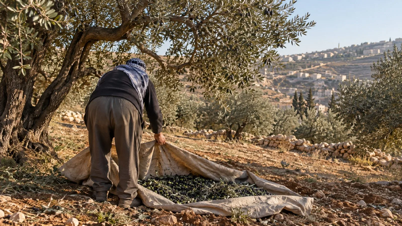 A Palestinian farmer gathers olives beneath trees in a grove near Hebron in the West Bank. (AI-generated image / EconoTimes)