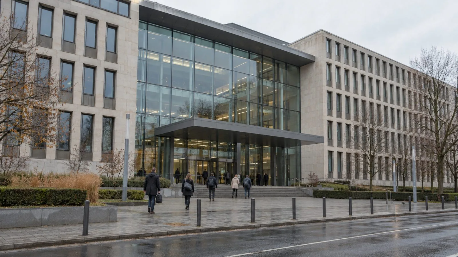 Staff enter the Federal Statistical Office in Wiesbaden, Germany, on an overcast morning. (AI-generated image / EconoTimes)