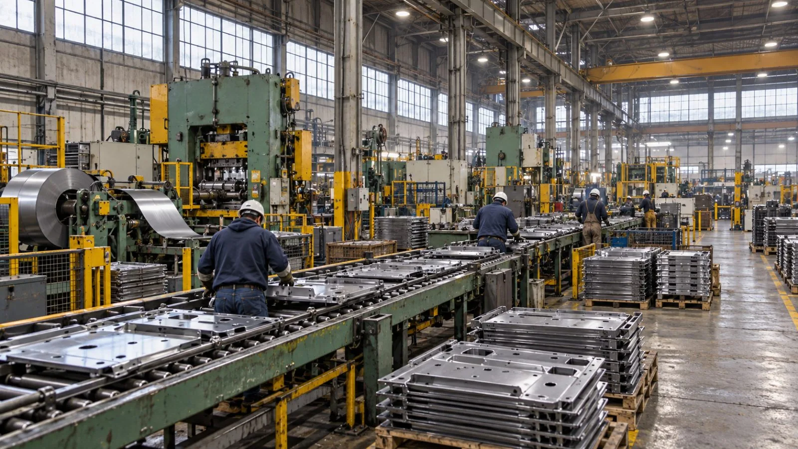 Workers handle metal components on a production line inside a factory in Chicago, Illinois. / EconoTimes.ai