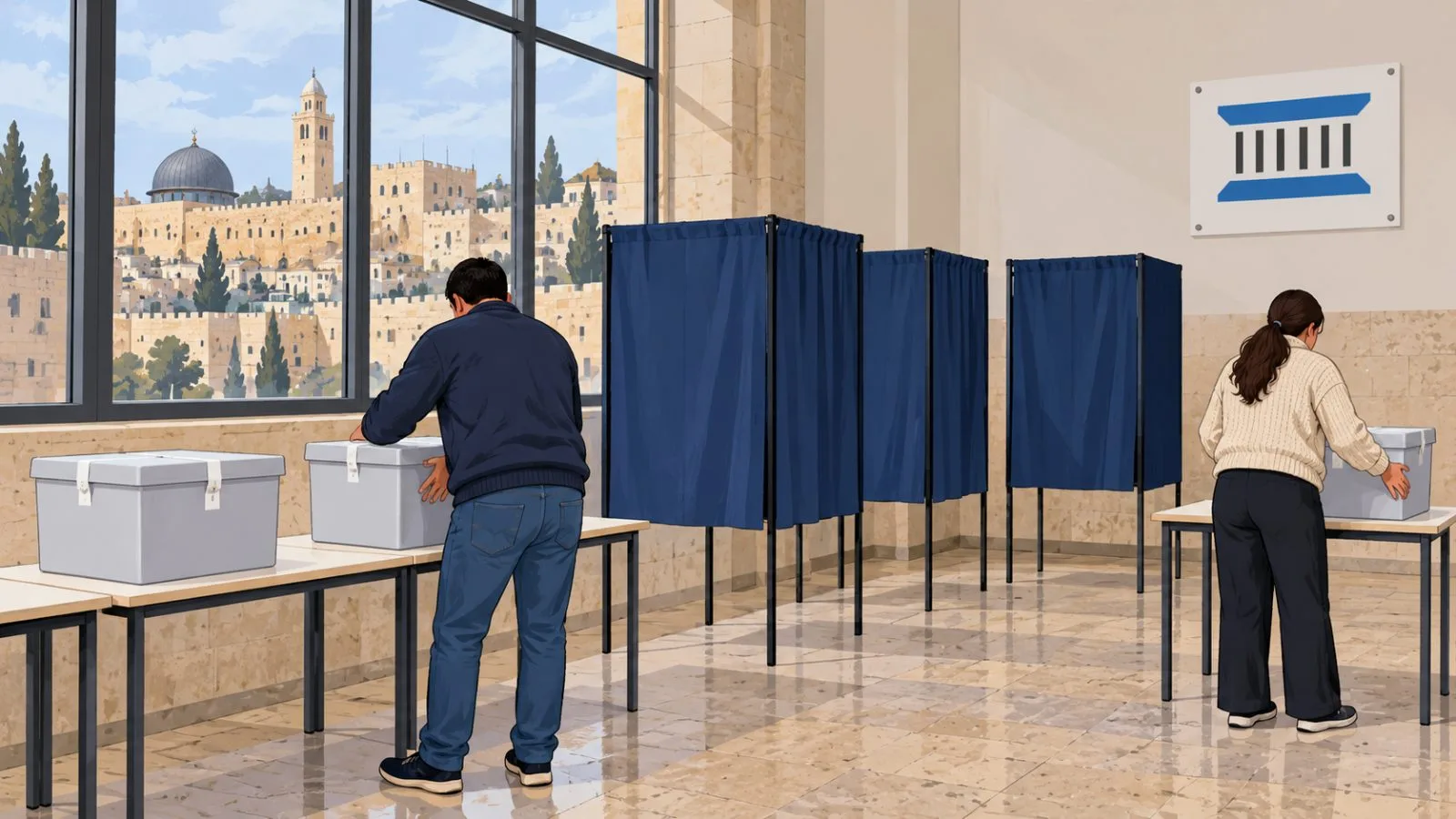 Election workers prepare ballot boxes inside a polling station in Jerusalem, Israel. / EconoTimes.ai