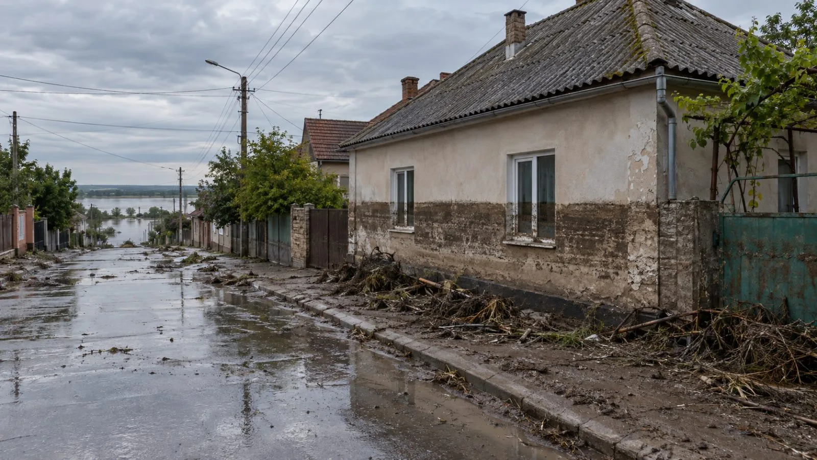 Flood marks remain on a house along a residential street in Oleshky, Ukraine. (AI-generated image / EconoTimes)