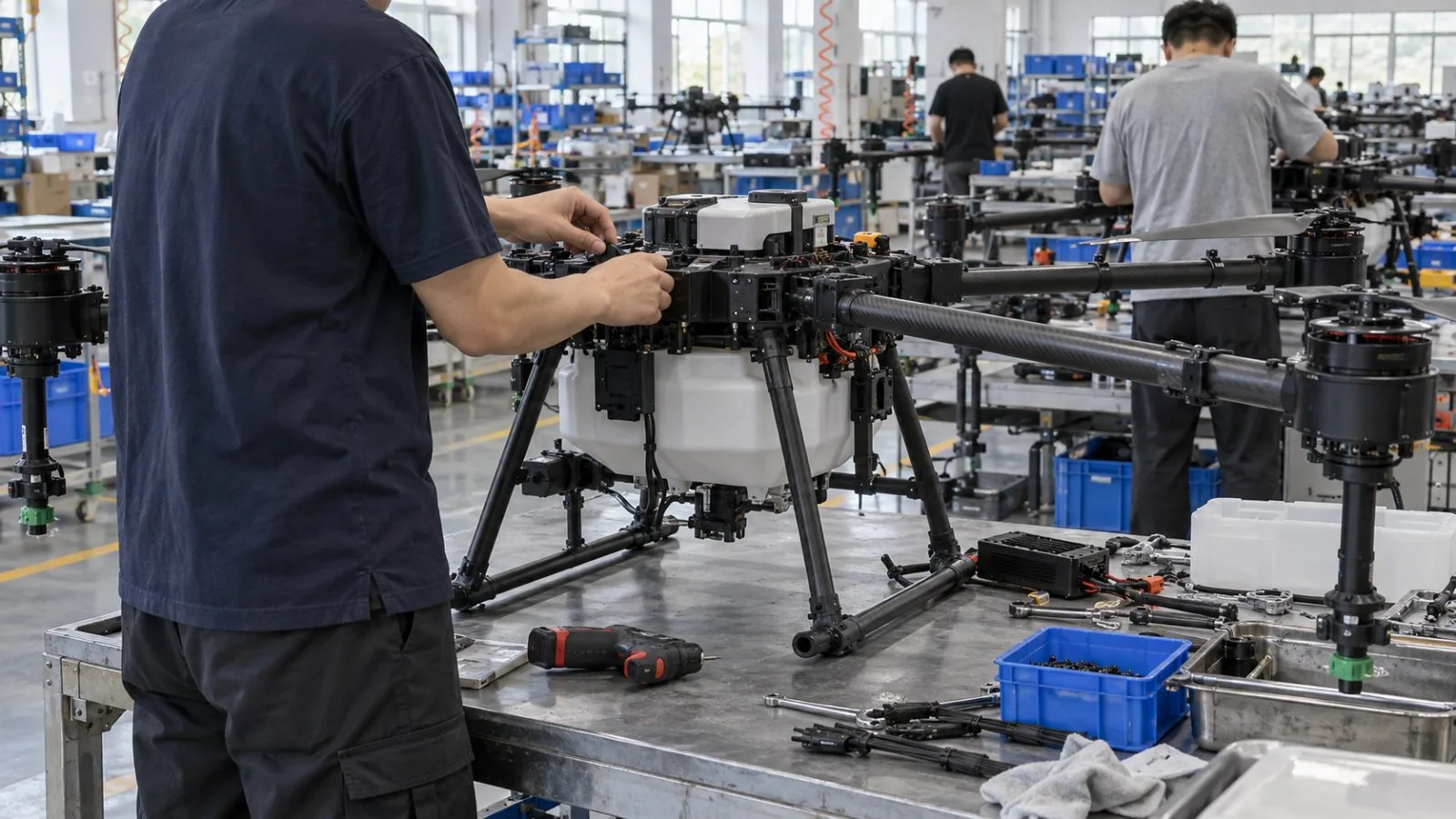 Workers assemble an agricultural drone in a workshop in Shenzhen, China (AI-generated image / EconoTimes)