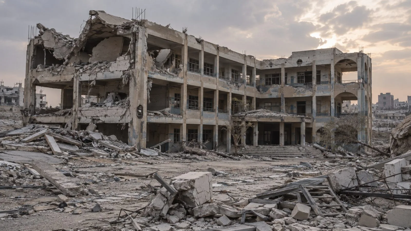 A damaged school stands amid rubble in Gaza City, Gaza Strip, under a gray sky. (AI-generated image / EconoTimes)