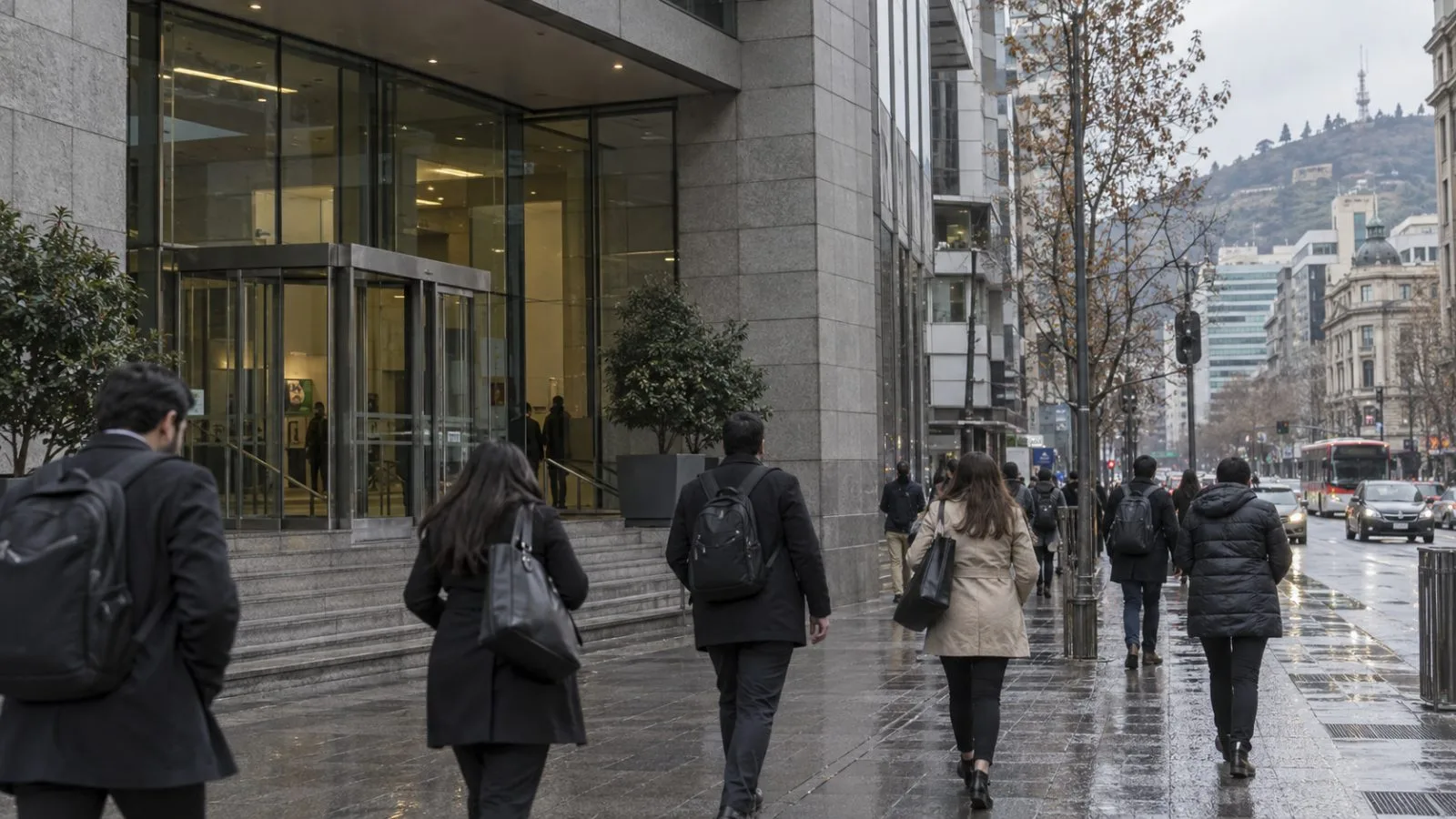 Commuters pass a bank office entrance in Santiago’s financial district, Chile. / EconoTimes.ai