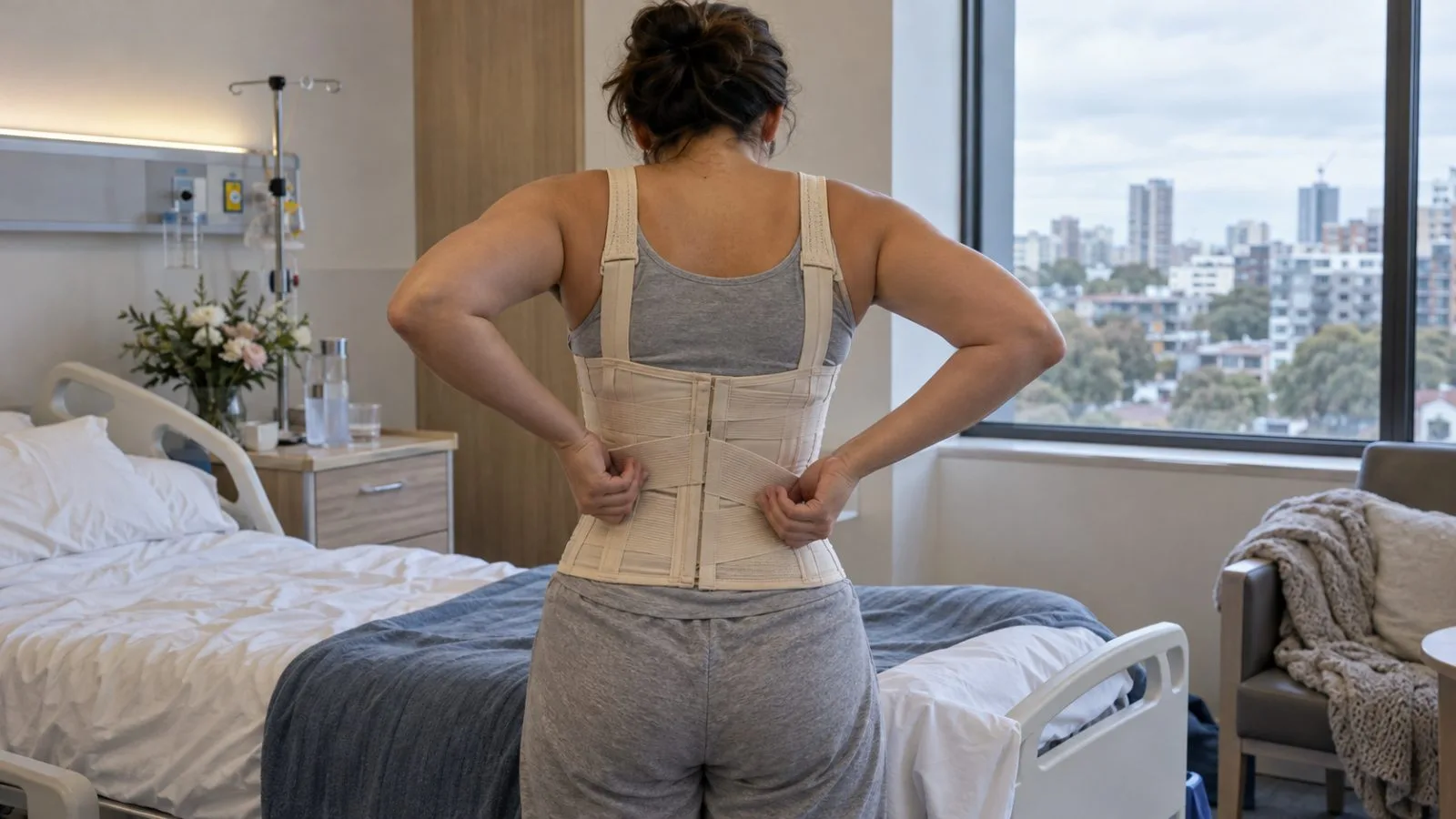 An anonymous patient adjusts a post-operative corset in a Sydney plastic-surgery clinic recovery room. (AI-generated image / EconoTimes)