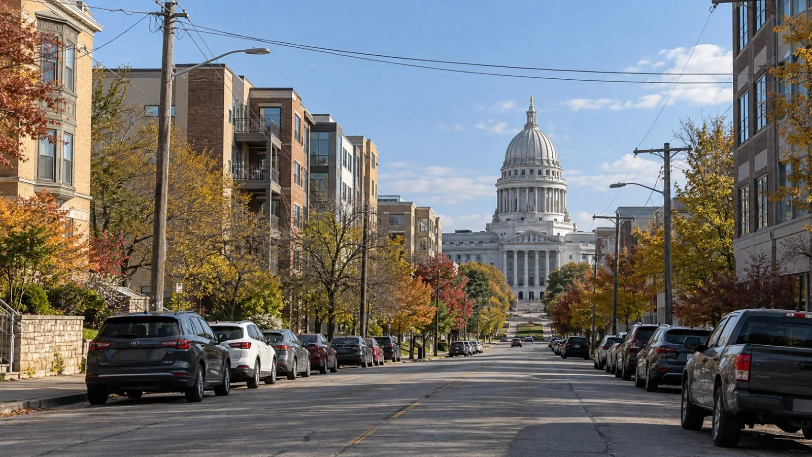 Overhead power lines cross a downtown street near the Wisconsin State Capitol in Madison. (AI-generated image / EconoTimes)