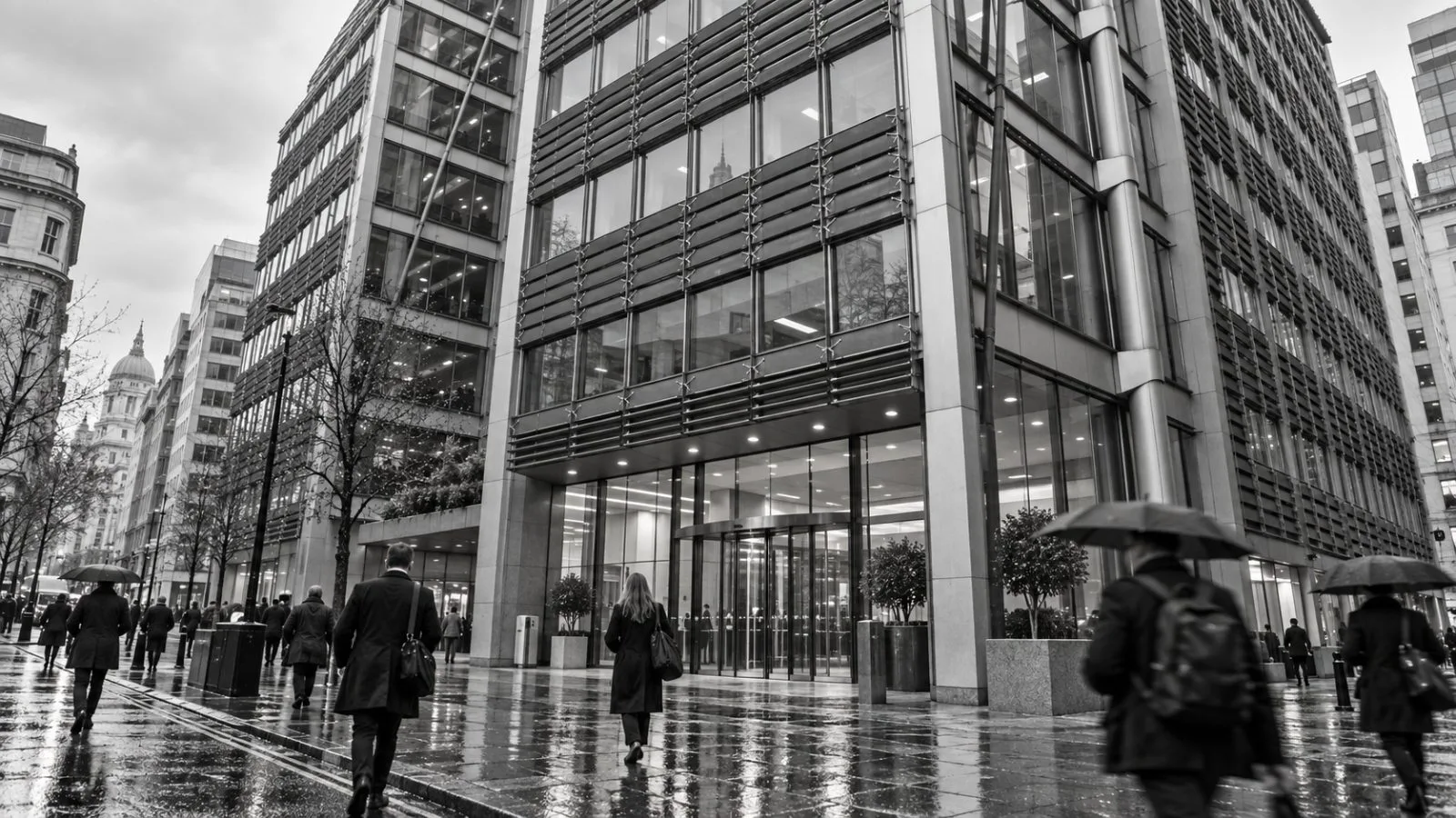 Office workers pass Lloyds Banking Group’s headquarters in the City of London on an overcast morning / EconoTimes.ai