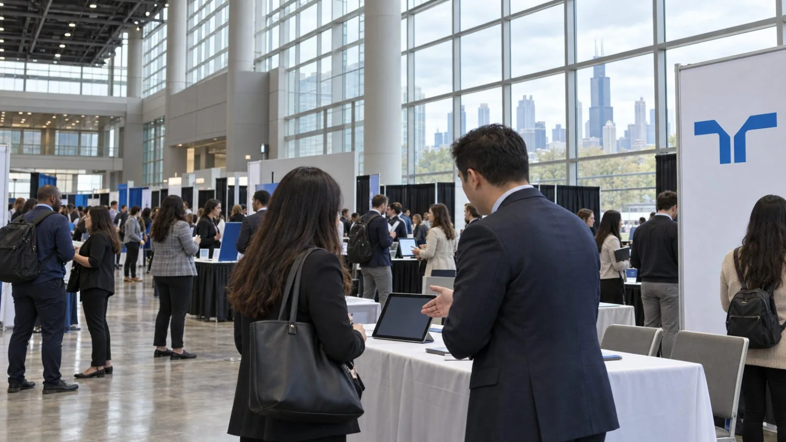 Candidates speak with recruiters at a technology career fair at McCormick Place in Chicago. / EconoTimes.ai