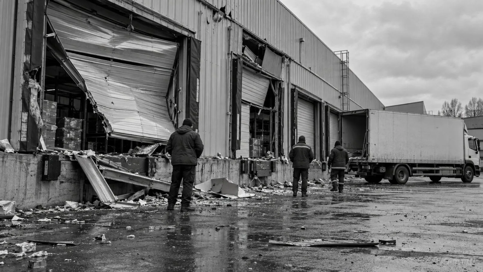 Workers inspect damaged warehouse loading doors in Kyiv, Ukraine. (AI-generated image / EconoTimes)