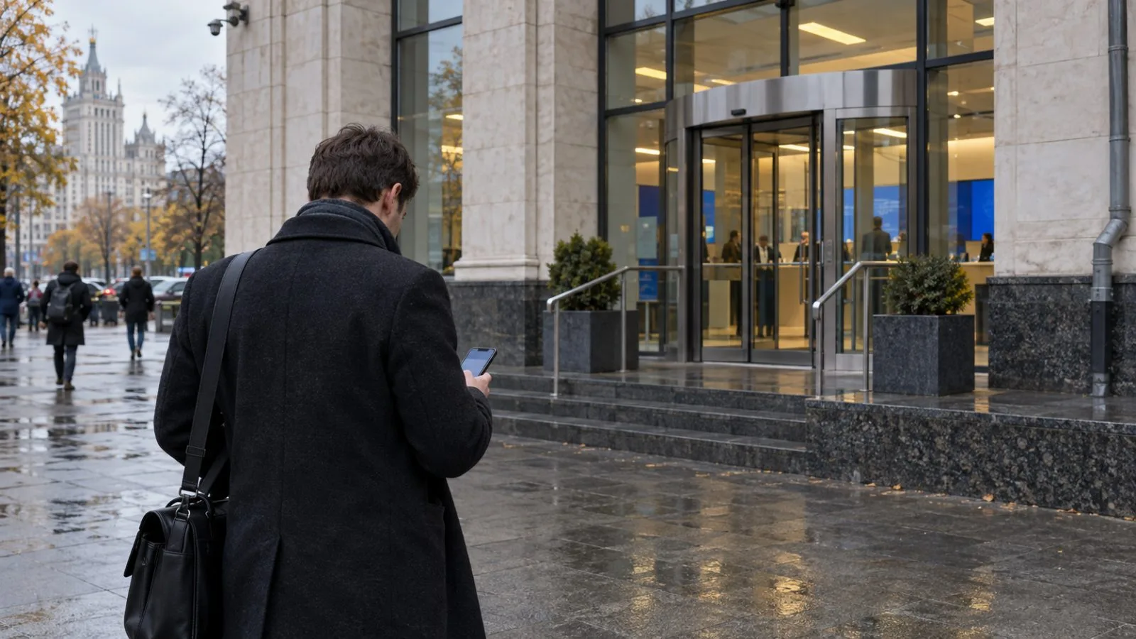 A customer checks a smartphone outside a bank branch in Moscow, Russia. (AI-generated image / EconoTimes)