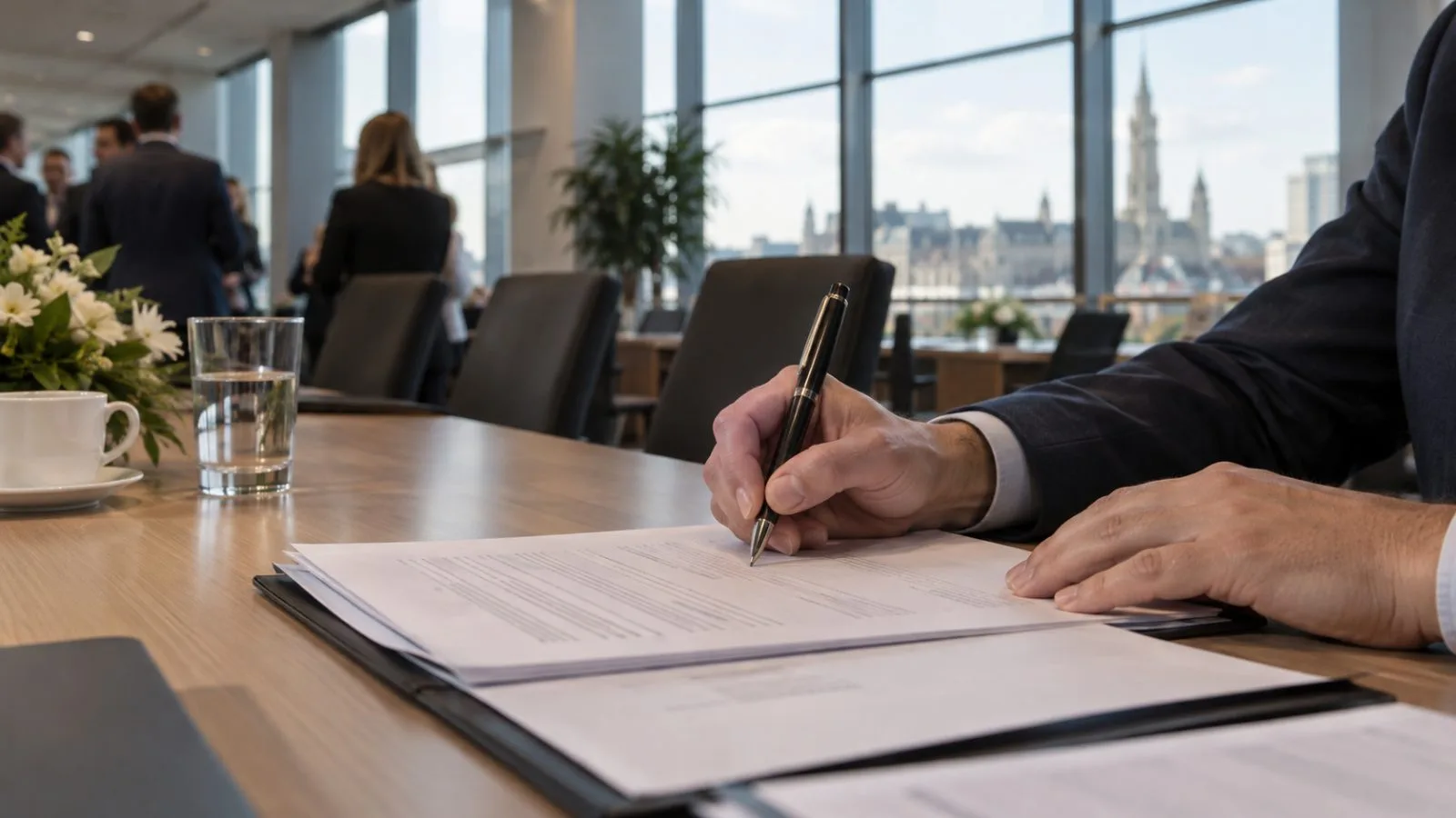 An airline delegate signs a declaration at an aviation conference in Brussels, Belgium. / EconoTimes.ai