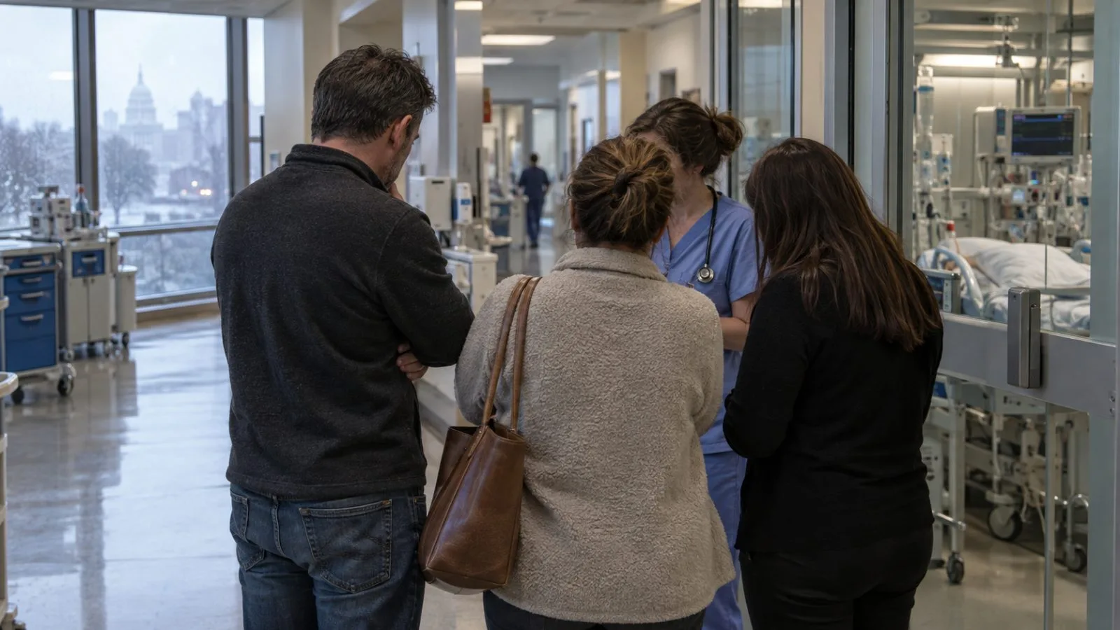 A clinician speaks with relatives outside an intensive care room in Washington, D.C. (AI-generated image / EconoTimes)