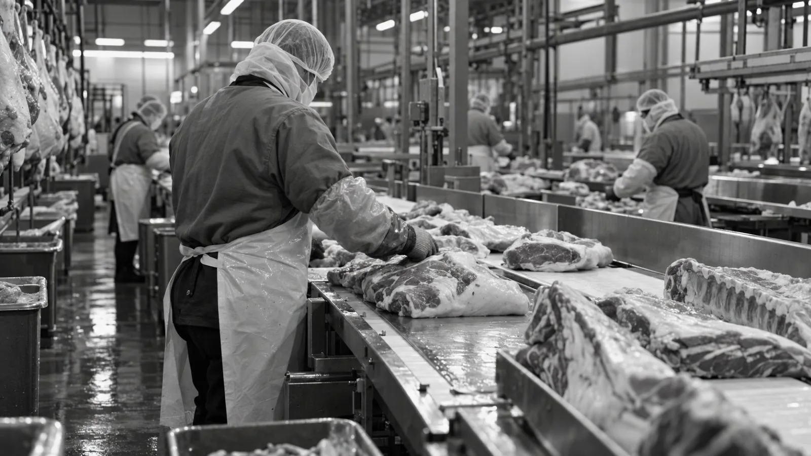 Workers process pork on a production line at a Smithfield, Virginia meatpacking plant. (AI-generated image / EconoTimes)