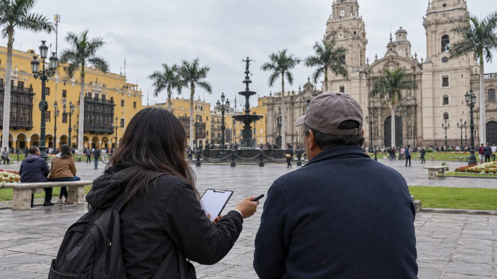 An interviewer speaks with a resident in a public plaza in Lima, Peru. (AI-generated image / EconoTimes)